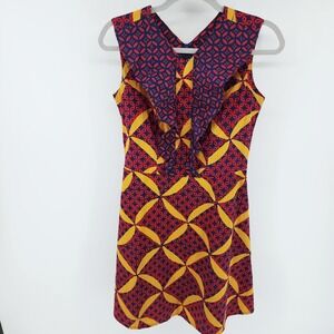 Batik Keris Indonesia Ruffle Mini Dress Size SS XS Blue Yellow Sunburst 35.5"